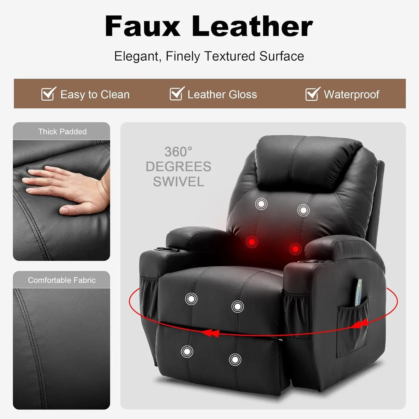 Recliner Chair, Rocking Chair with Massage and Heat, 360° Swivel Recliner  for Adults, Rocker Manual Remote