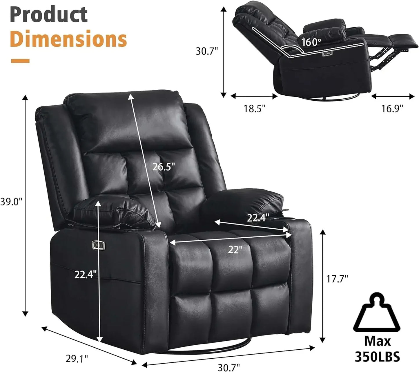 Power Swivel Rocker Recliner Chair for Adults with Massage, USB and Type-C Ports, Infinite Position, Electric Glider Reclining S