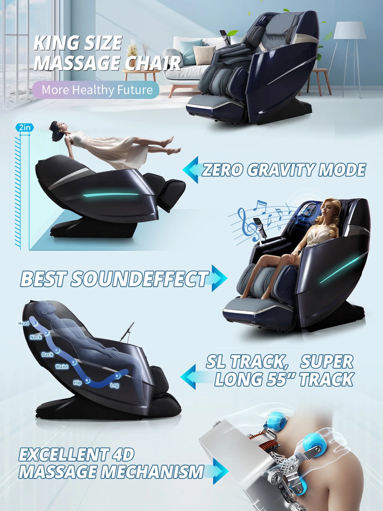 Multifunctional massage chair with eight automatic massage programs for the whole body, adjustable tilt angle，Relieve fatigue