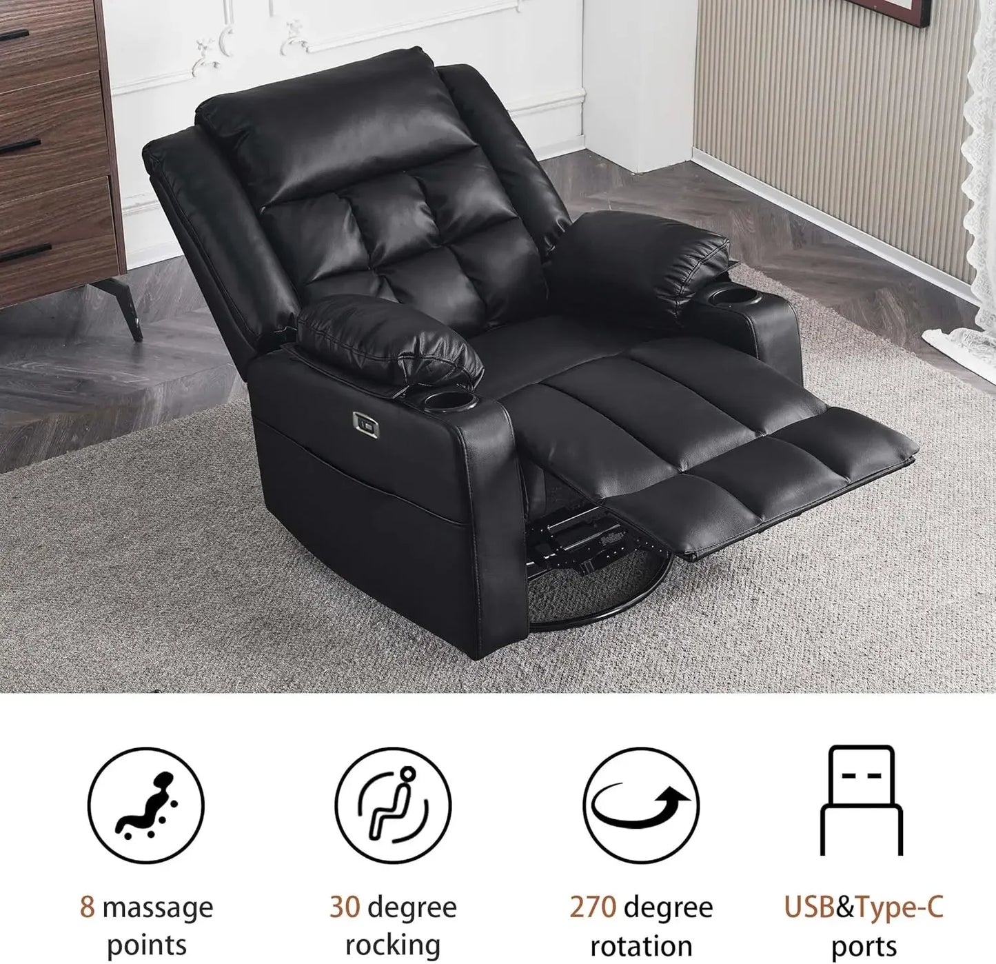 Power Swivel Rocker Recliner Chair for Adults with Massage, USB and Type-C Ports, Infinite Position, Electric Glider Reclining S