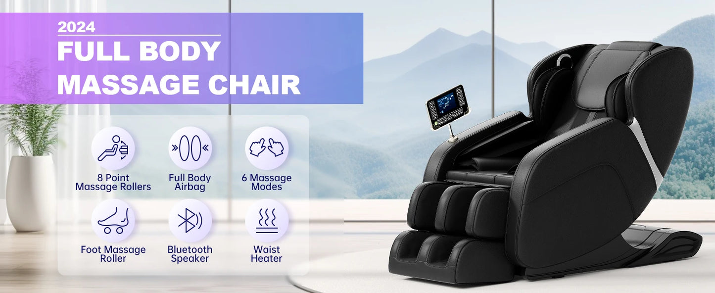 Full Body Massage Chair Zero Gravity Deep Tissue Massage Chairs LCD Touch Screen Bluetooth Suitable for 5.1-5.7Ft Height, BLACK