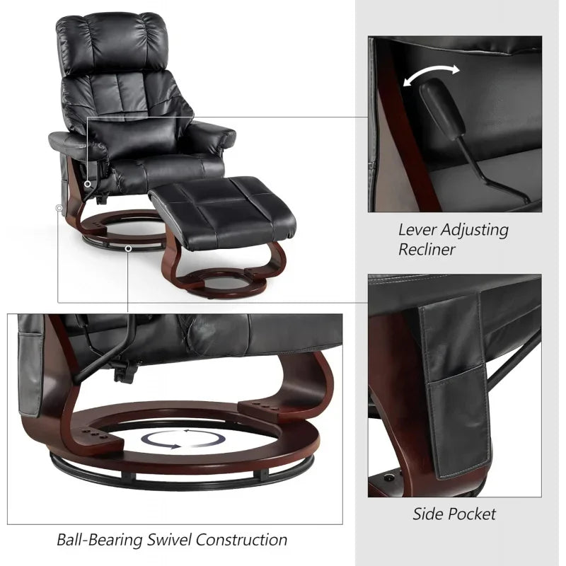 Recliner with Ottoman Reclining Chair with Vibration Massage and Removable Lumbar Pillow, 360 Degree Swivel Wood Base, Faux Leat