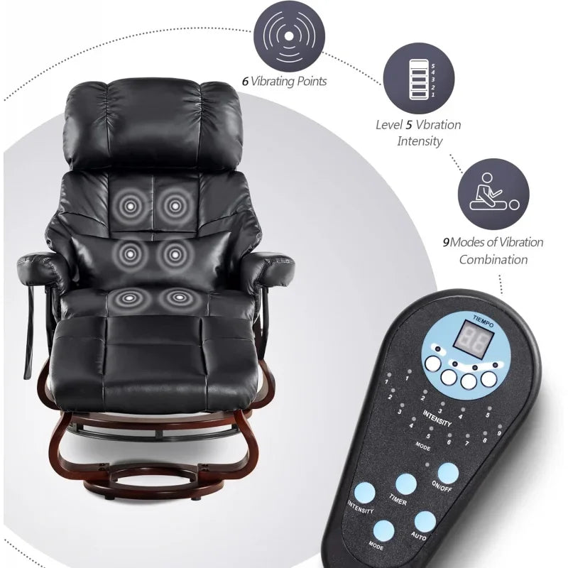 Recliner with Ottoman Reclining Chair with Vibration Massage and Removable Lumbar Pillow, 360 Degree Swivel Wood Base, Faux Leat