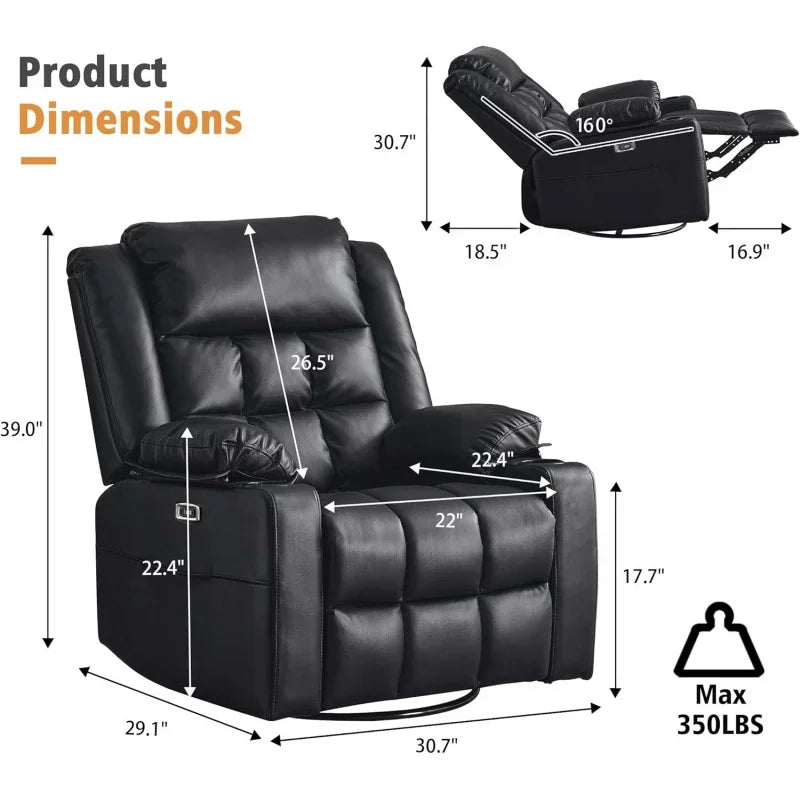 Power Swivel Rocker Recliner Chair for Adults with Massage, USB and Type-C Ports, Infinite Position, Electric Glider Reclining S