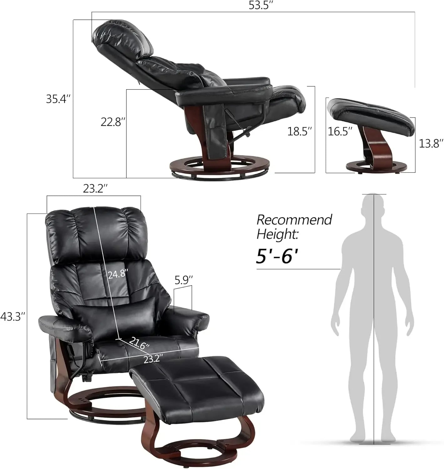 Recliner with Ottoman Reclining Chair with Vibration Massage and Removable Lumbar Pillow, 360 Degree Swivel Wood Base, Faux Leat