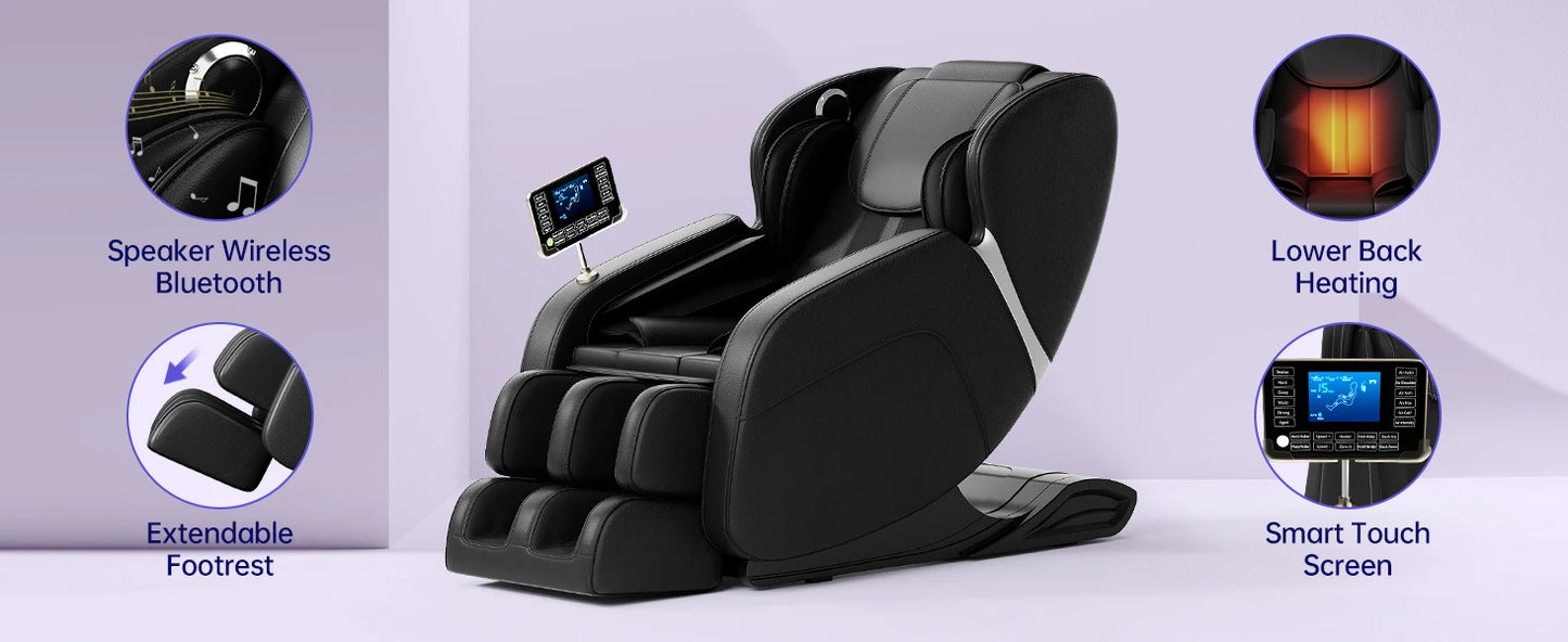 Full Body Massage Chair Zero Gravity Deep Tissue Massage Chairs LCD Touch Screen Bluetooth Suitable for 5.1-5.7Ft Height, BLACK