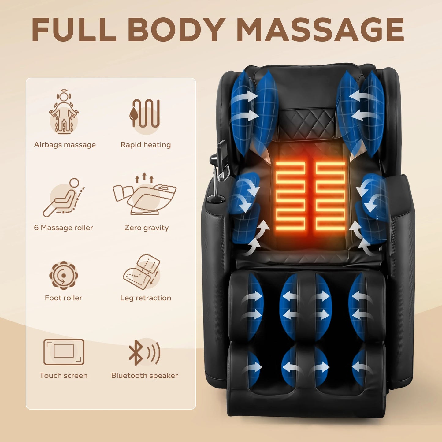 Full Body Massage Chair with Zero Gravity, Massage Chair Recliner with Heating, Airbags, Bluetooth Speaker, Foot Roller