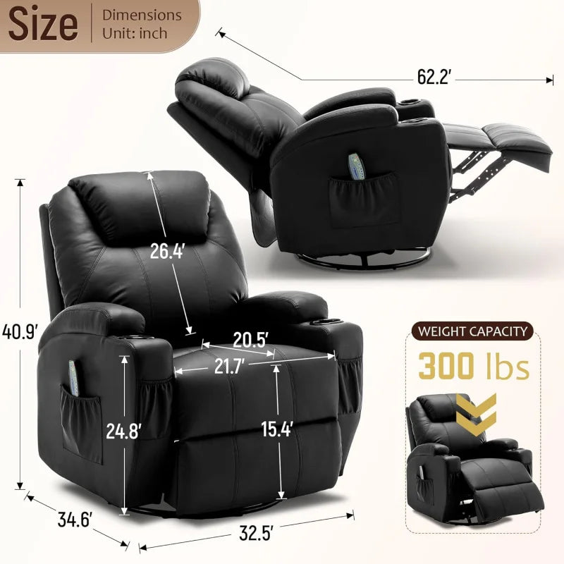 Recliner Chair, Rocking Chair with Massage and Heat, 360° Swivel Recliner  for Adults, Rocker Manual Remote