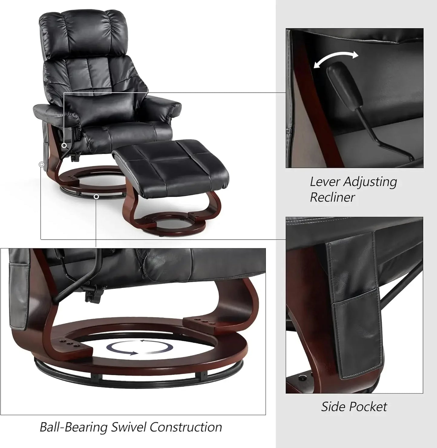 Recliner with Ottoman Reclining Chair with Vibration Massage and Removable Lumbar Pillow, 360 Degree Swivel Wood Base, Faux Leat