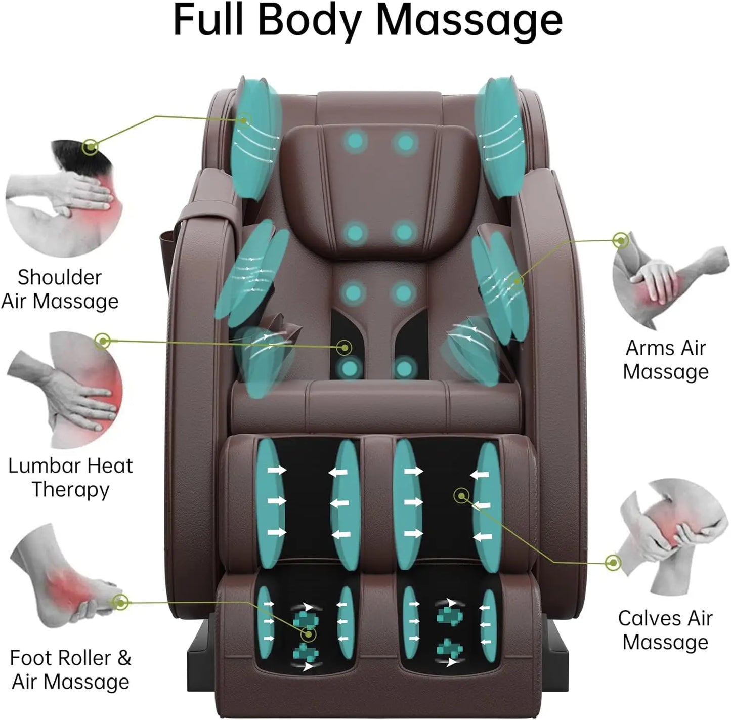 Massage Chair Recliner with Zero Gravity, Full Body Air Pressure, Heat and Foot Roller Included, Brown